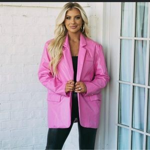 She and sky pink leather blazer from shop these three